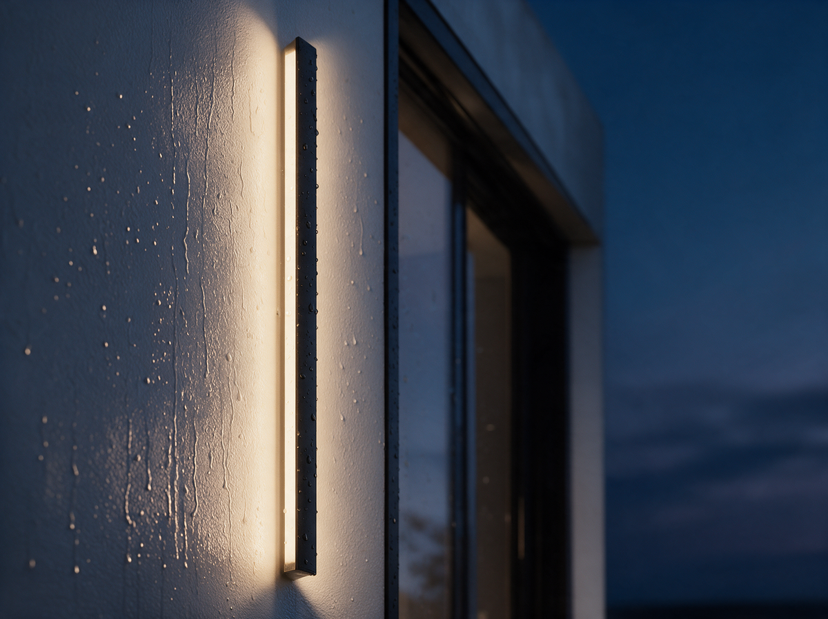 Avelia nach dem Regen: Tropfen perlen auf dem schwarzen Profil und auf dem leuchtenden Diffusorstreifen, die nasse Wand spiegelt das warme Licht