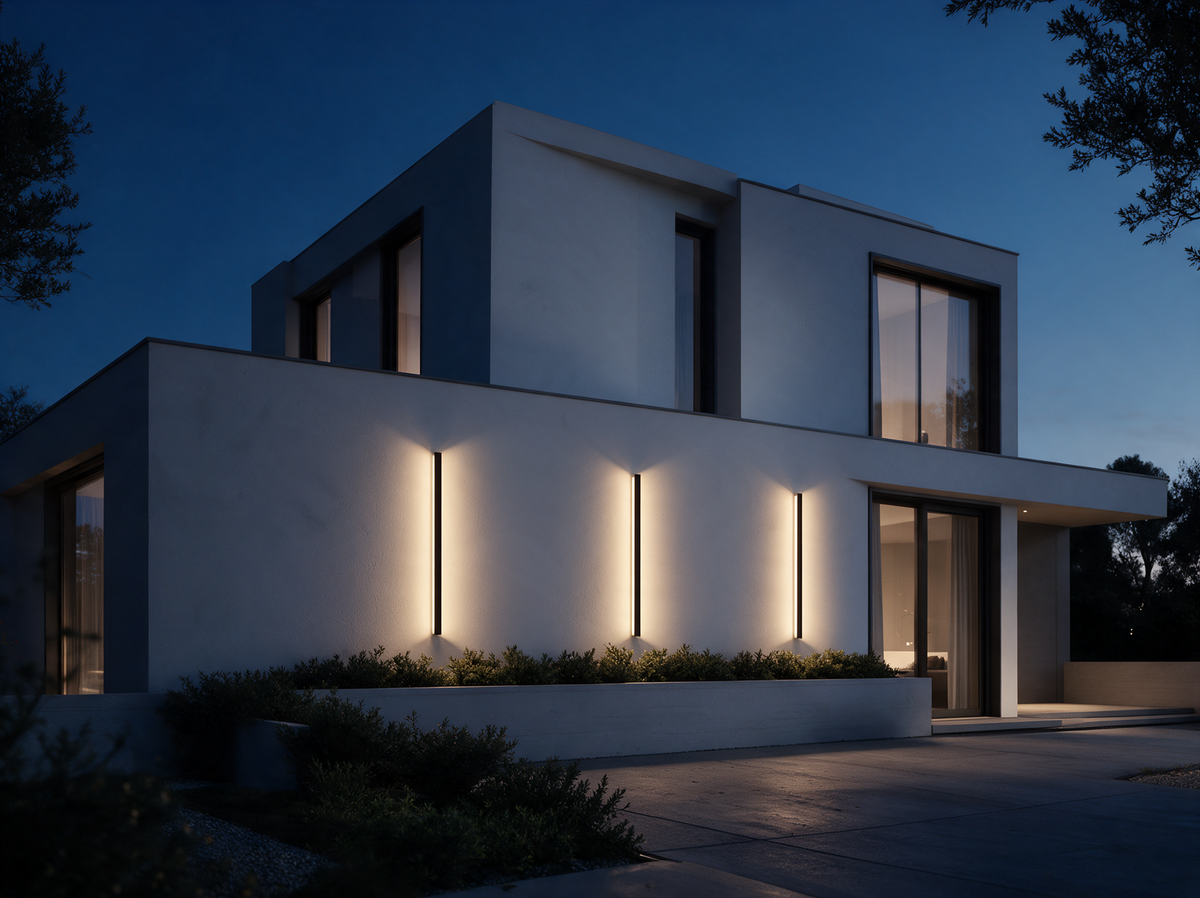 Drei Avelia nebeneinander an der Fassade eines modernen Hauses in der Dämmerung, jede wirft Licht nach oben und unten