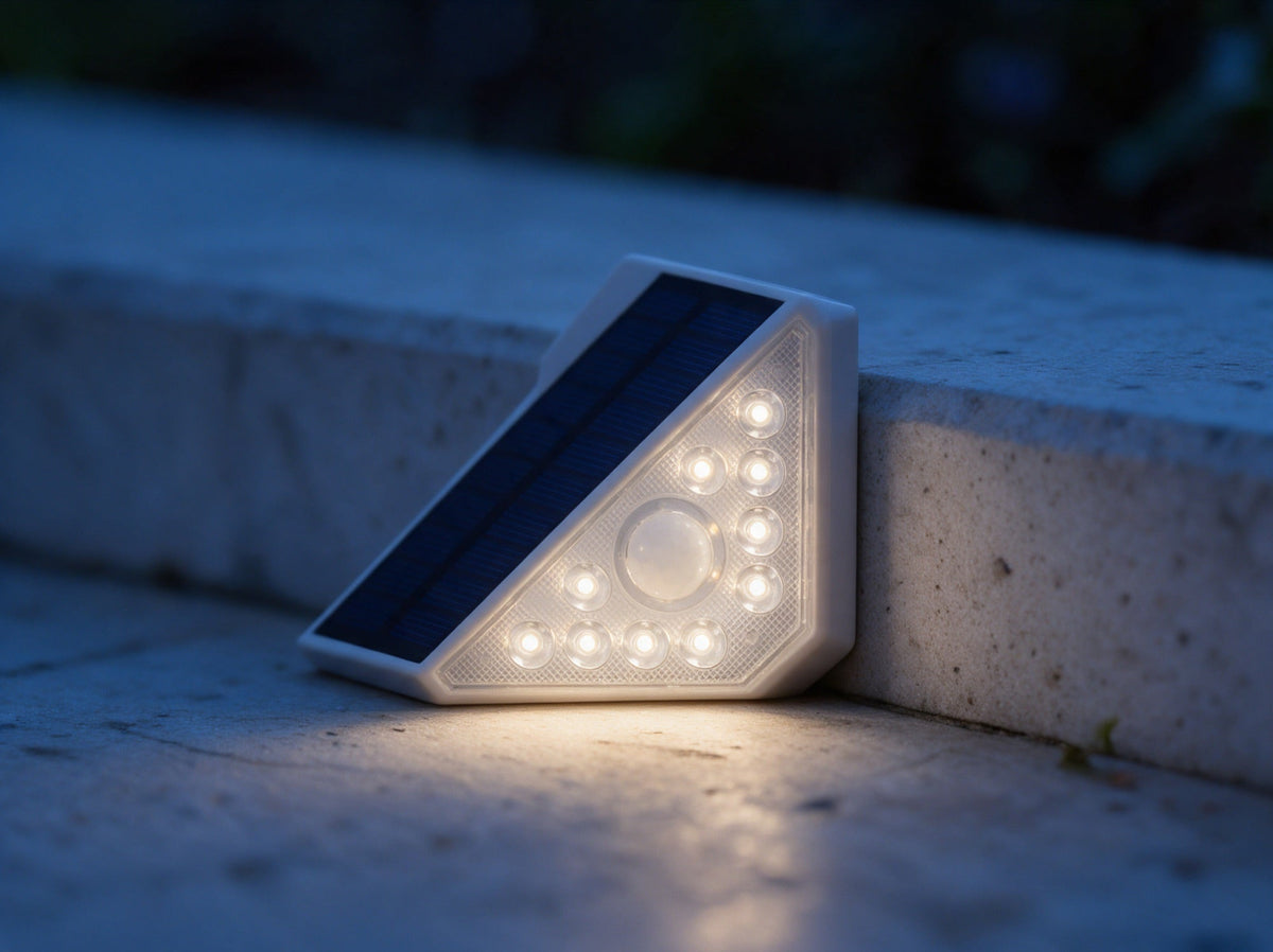 Nahaufnahme der Nerava mit Solarmodul und zehn LEDs rund um die Sensorlinse